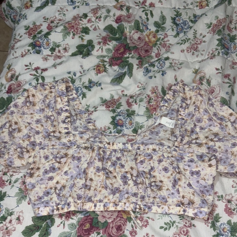 H&M Purple and Cream Smocked Crop Blouse